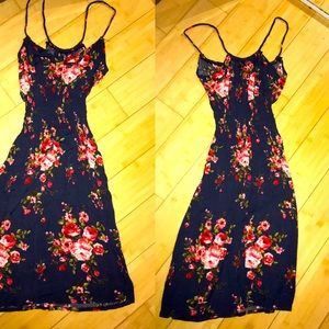 Long blue floral dress with tie in front